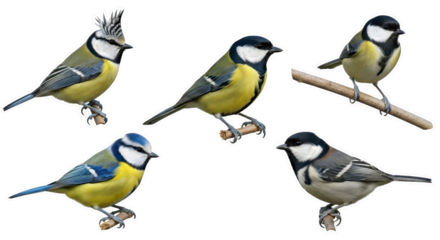 Set of five realistic Tit Birds isolated on white background, including Blue Tit and Great Tit