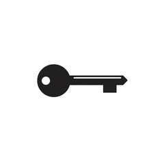 A simple, minimalist black silhouette of a key, centered on a white background, depicted in a flat, graphic style.