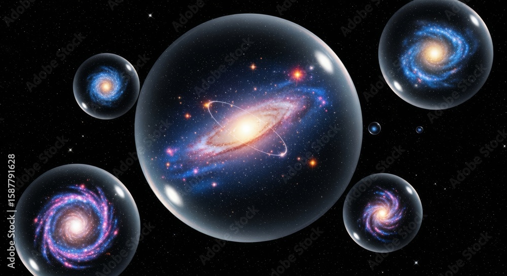 Poster galaxies within bubbles - a mesmerizing image depicting multiple galaxies contained within transpare
