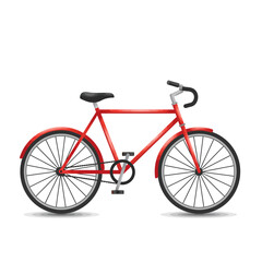 A red bicycle with black tires and seat, presented in a side view against a white background.