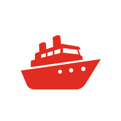 Obraz premium Red silhouette of a cruise ship or passenger ferry with two smokestacks and three round windows, isolated on a white background.