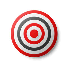 A red, white, and black circular target with concentric rings, viewed from above, casting a soft shadow.