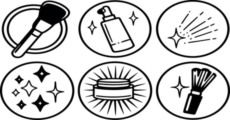 "Beauty and Skincare Icon Set – Monochrome Vector of Brushes, Cream, Serum, and Sparkle Elements for Cosmetic Themes"