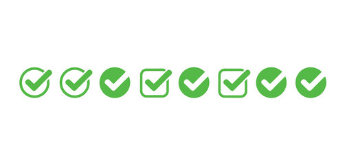 Collection of green checkmarks in different shapes on a white background