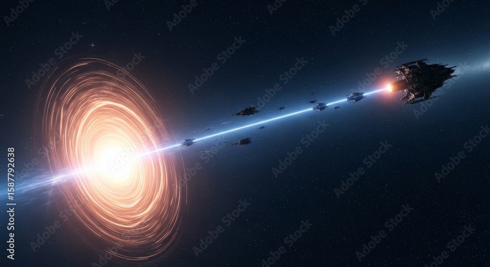Aufkleber pulsar lighthouse: galactic fleet - a fleet of spaceships navigates a cosmic beam emanating from a r