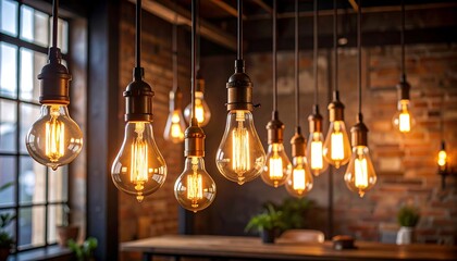 Obraz premium Warm Edison bulbs hang in a loft space