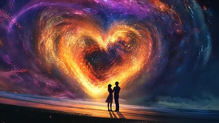 Romantic silhouette of a couple embracing on a beach at sunset, surrounded by a cosmic heart backdrop - Powered by Adobe