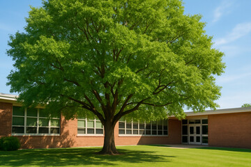 Large Tree in Front of Brick School Building