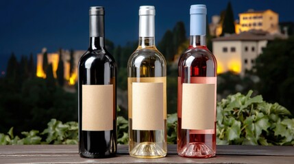 Three wine bottles on a wooden table with a blurred evening cityscape in the background, featuring blank labels for customization.