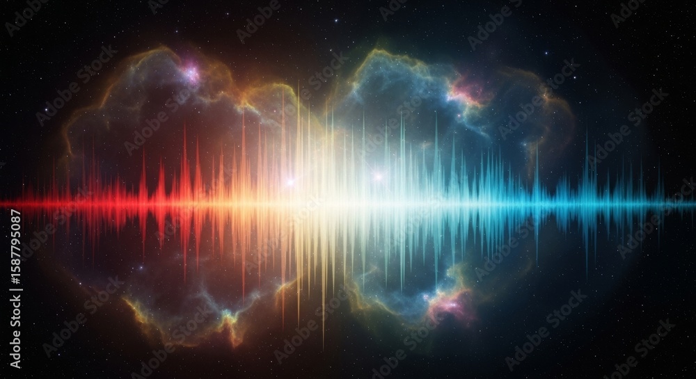 Poster cosmic sound waves - vibrant audio waveform visualization against a nebula backdrop. perfect for sci