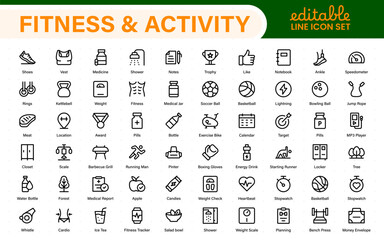 Fitness and activity icon set. Collection of strength training, cardio, stretching, sports ball, stopwatch, and nutrition line icons.