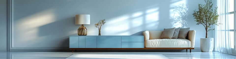 Interior design of a living room with a wooden cabinet and armchair, offering a functional and stylish home design, Generative AI