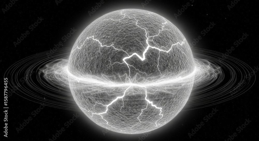 Wall mural electric planet energy burst - a grayscale image of a planet with electric energy bursting from its 