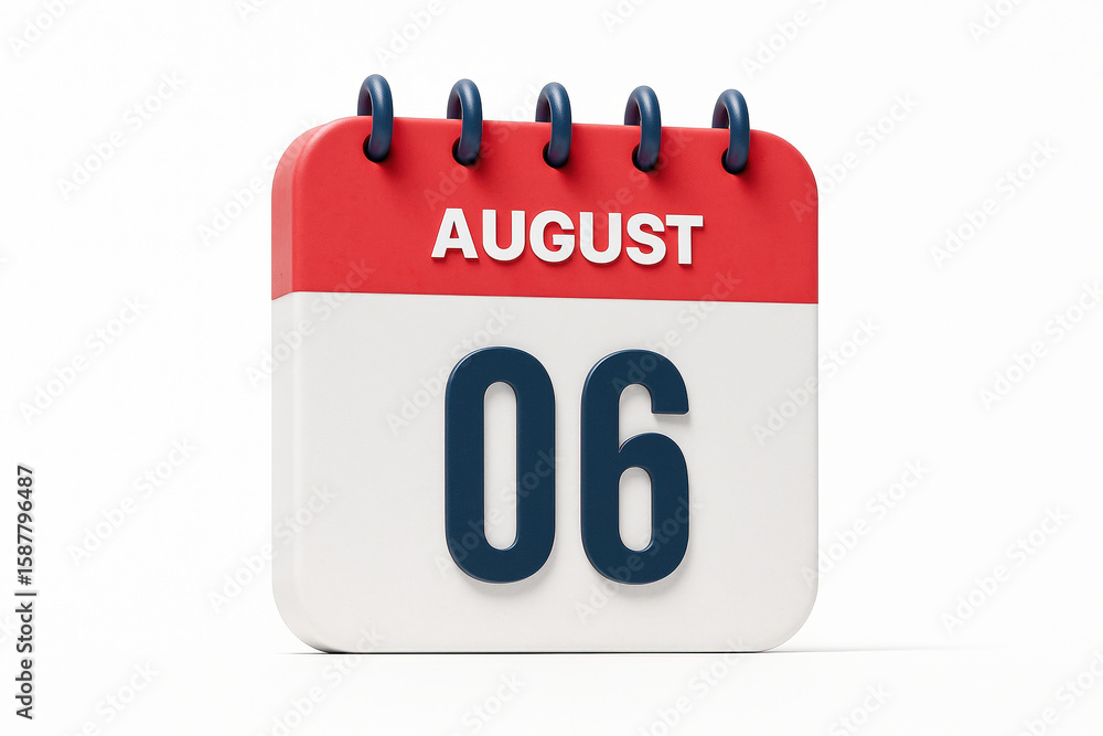 Aufkleber calendar icon illustrating august 6th date reminder with red top and white bottom on clean white bac