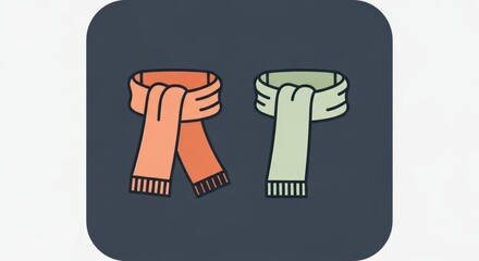 Two scarves, one orange and one green, displayed side-by-side on a dark blue rounded square background.