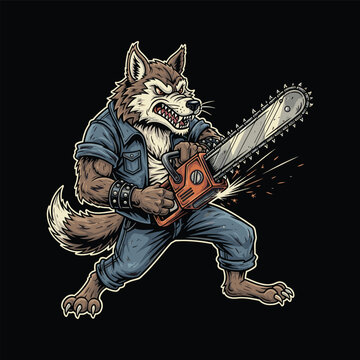 Wolf Mechanic Fixing Chainsaw Illustration