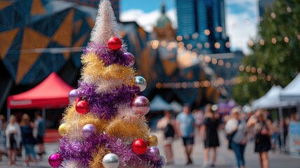 A colorful tinsel Christmas tree with ornaments stands outdoors, surrounded by people and festive market stalls, under a string of lights.