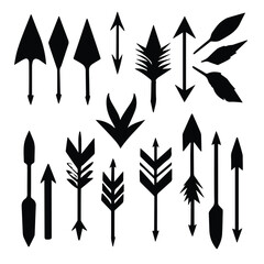 Naklejka premium Black and white graphic design of various arrow shapes with decorative details. Collection of unique arrow shapes on a plain white background.