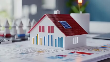 Miniature house model with solar panels on a desk surrounded by charts and graphs illustrating data trends - Powered by Adobe
