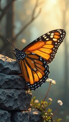Naklejka premium Monarch Butterfly on Rocks at Sunset