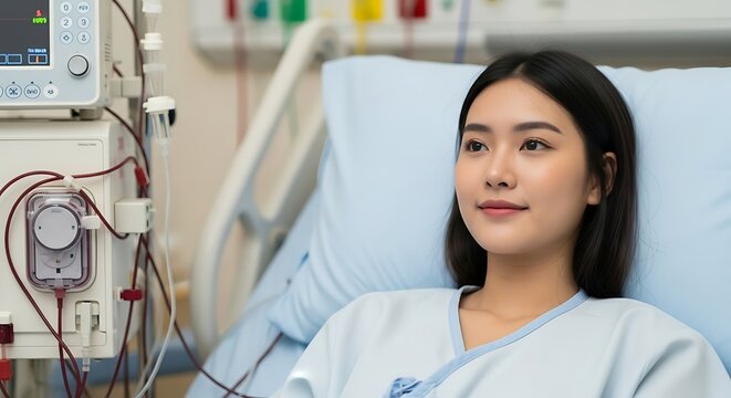 Young asian woman receiving hemodialysis treatment with a positive outlook in hospital bed a