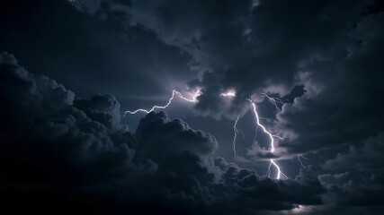 Ominous dark clouds dramatically swirl as lightning bolts flash across the turbulent sky in this captivating and high-definition storm footage creating a powerful scene. - Powered by Adobe