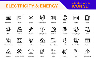 Electricity and energy supply icons. Set of wiring tools, LED lights, socket and switch, extension board, circuit box, and smart electricity meter illustrations.