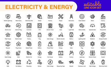 Electricity and energy supply icons. Set of wiring tools, LED lights, socket and switch, extension board, circuit box, and smart electricity meter illustrations.