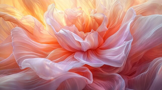 Delicate, flowing fabric in soft peach and blush tones, resembling a vibrant flower