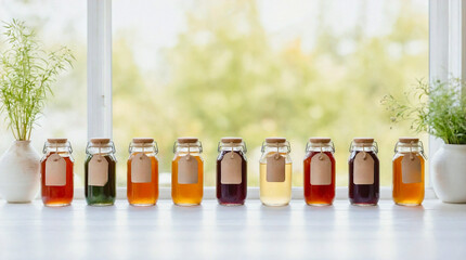 Homemade Kombucha in Small Glass Bottles with Blank Labels on a Windowsill
