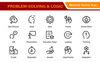 Problem-Solving and Logic Icons in Line Style. Investigate, Deduction, Strategy, Decision-Making, Facts, think, analyze, problem-solving, rational decision-making, collection.
