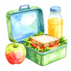 Healthy watercolor lunchbox with sandwich, apple, and juice. Ideal for school, work, or picnic meals.