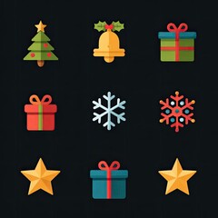 Set of flat icons featuring Christmas symbols: tree, bell, gift, snowflake, star, on transparent background