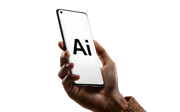 A hand holding a smartphone with an "AI" icon on the screen