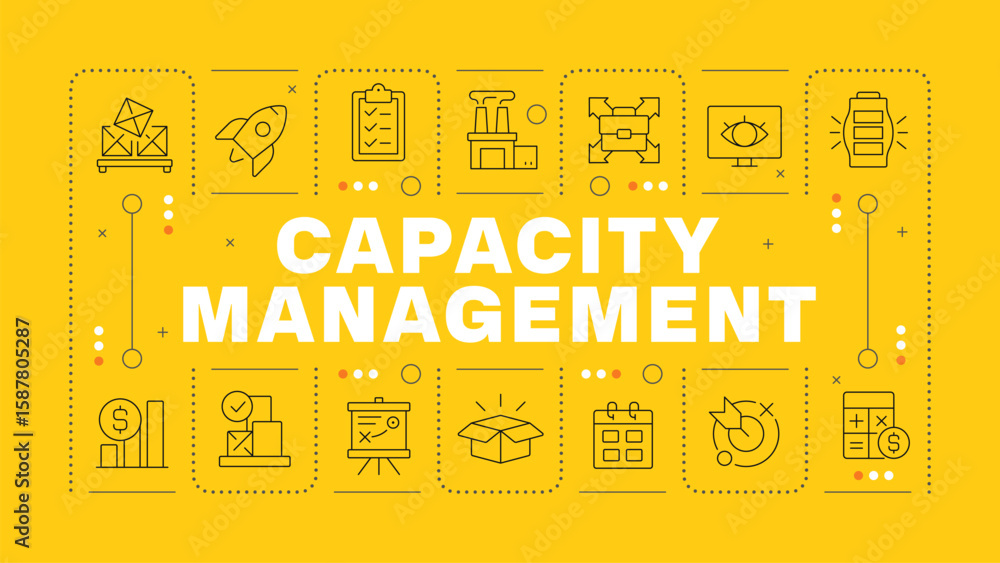 Aufkleber capacity management yellow word concept. corporate resources optimization. effective planning. horiz