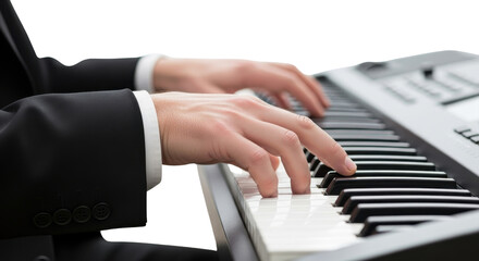 Obraz premium Close-up of Man in Suit Playing Digital Keyboard or Electric Piano Isolated on White