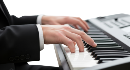 Close-up of Man in Suit Playing Digital Keyboard or Electric Piano Isolated on White