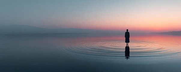 Full presence through mental reset concept. A solitary figure standing in tranquil water at sunrise.