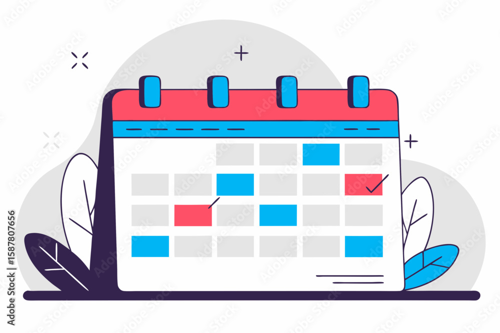 Poster colorful illustrated calendar graphic with highlighted dates and check mark, ideal for scheduling pl