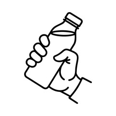 A simple line art illustration depicting a hand gripping a plastic bottle.