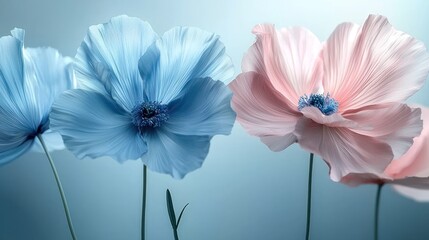 Delicate pastel poppies in soft blue and pink hues