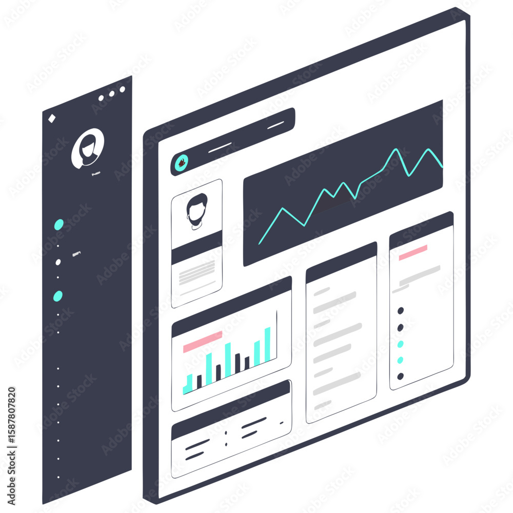 Poster isometric illustration of user interface displaying data analytics and user profile information with