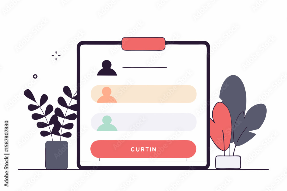 Poster minimalist illustration of a digital form with user icons and a button, perfect for website design a