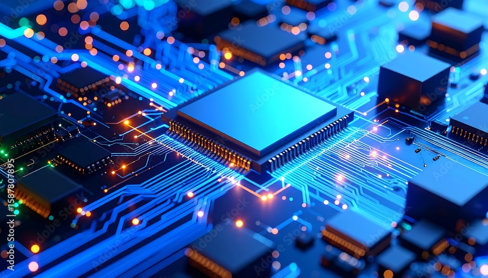 Poster close-up of a vibrant circuit board with a central processor
