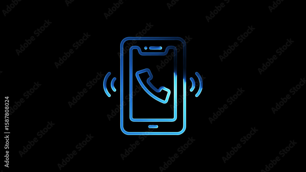 Poster glowing neon style mobile phone icon with incoming call display on black background