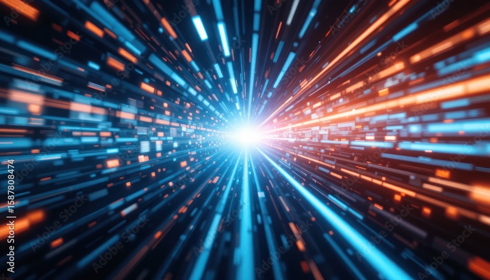 Poster hyperspace tunnel: a digital journey through light and data streams