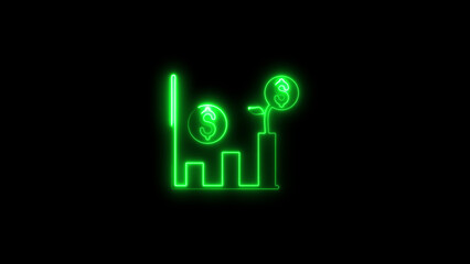 Glowing green neon graphic of a growing financial graph and money symbol on black background