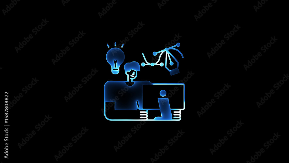 Poster digital designer working with ideas and tools on a computer screen against black background