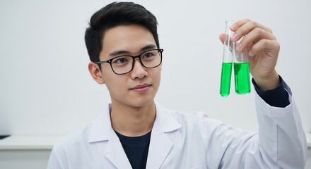 Fototapeta premium 真剣な表情で緑色液体観察する若き研究者 明るい室内. AI Generated