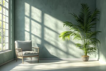 Interior of a living room with a beige wall and a white door leading to the modern dining room, featuring a wooden table and chair, Generative AI